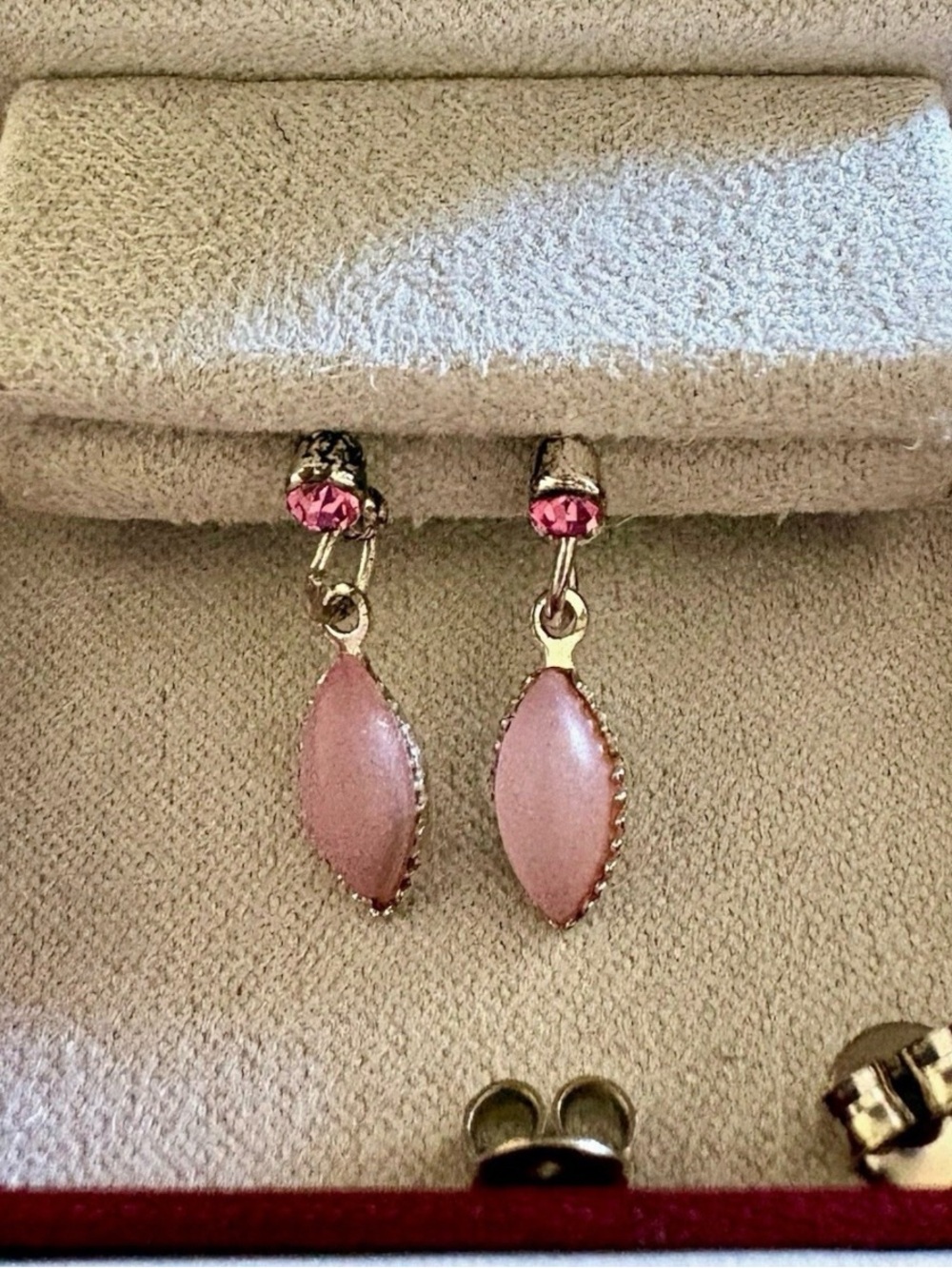 Vintage Style Pink Moonglow Dangle Earrings Silver-Tone Pink Rhinestone Accents